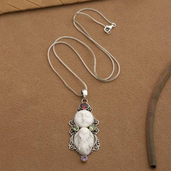 Alternate image for Elephant Moon-Themed Garnet Peridot Amethyst Silver Necklace Elephant and Moon