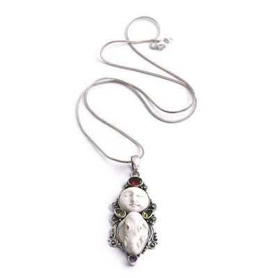 Alternate image for Elephant Moon-Themed Garnet Peridot Amethyst Silver Necklace Elephant and Moon