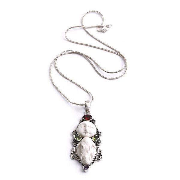 Alternate image for Elephant Moon-Themed Garnet Peridot Amethyst Silver Necklace Elephant and Moon