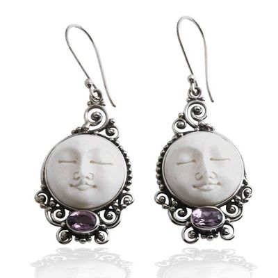 Primary image for Sleeping Moon-Themed Carved Amethyst Silver Dangle Earrings Violet Moon