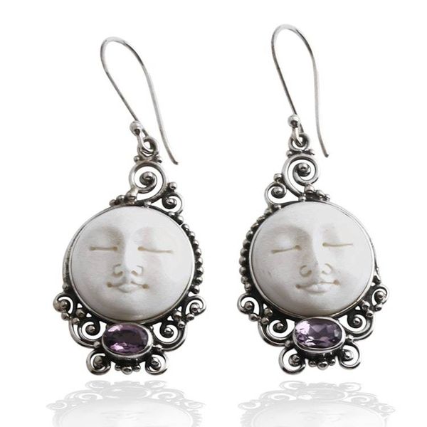 Alternate image for Sleeping Moon-Themed Carved Amethyst Silver Dangle Earrings Violet Moon
