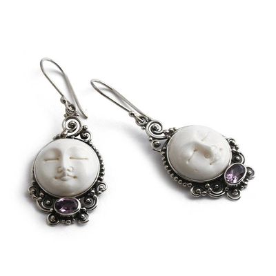 Alternate image for Sleeping Moon-Themed Carved Amethyst Silver Dangle Earrings Violet Moon