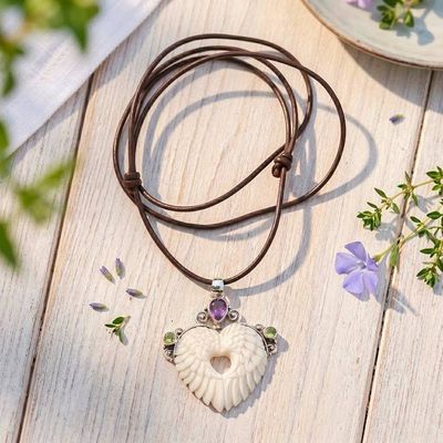 Primary image for Wing and Heart-Themed Amethyst Peridot and Silver Necklace Angelic Love