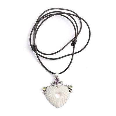 Alternate image for Wing and Heart-Themed Amethyst Peridot and Silver Necklace Angelic Love