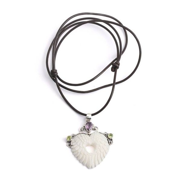 Alternate image for Wing and Heart-Themed Amethyst Peridot and Silver Necklace Angelic Love