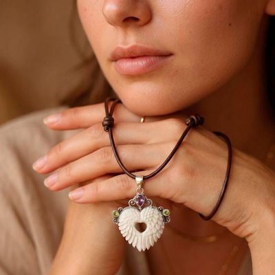 Alternate image for Wing and Heart-Themed Amethyst Peridot and Silver Necklace Angelic Love