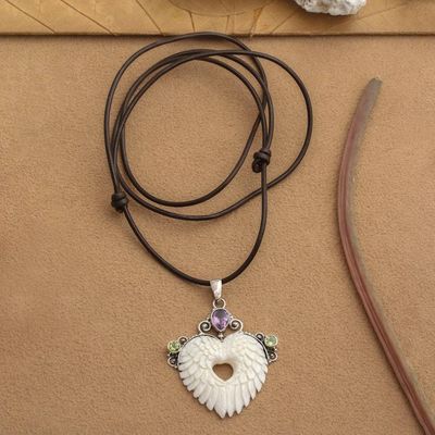 Alternate image for Wing and Heart-Themed Amethyst Peridot and Silver Necklace Angelic Love