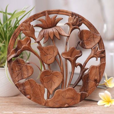 Primary image for Hand Carved Suar Wood Lotus Wall Relief Panel from Bali Lotus Ring