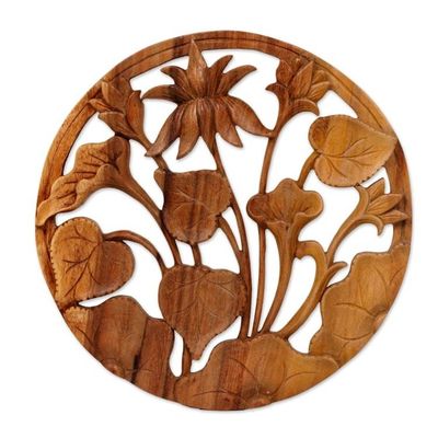 Alternate image for Hand Carved Suar Wood Lotus Wall Relief Panel from Bali Lotus Ring