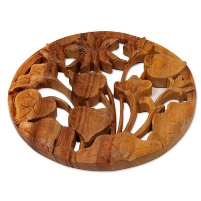 Alternate image for Hand Carved Suar Wood Lotus Wall Relief Panel from Bali Lotus Ring