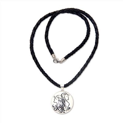 Alternate image for Balinese Gemini Zodiac Pendant Necklace on Leather Cord Gemini