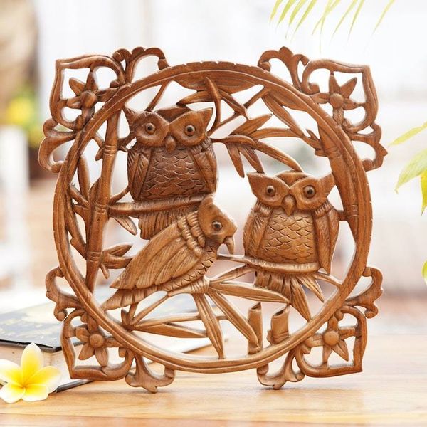 Alternate image for Owl Hand Carved Wood Wall Panel from Indonesia Owl Family Portrait