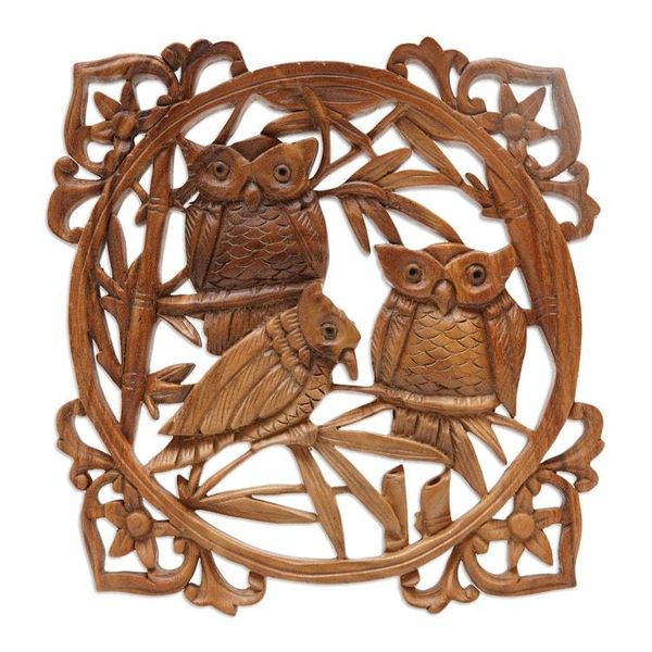Alternate image for Owl Hand Carved Wood Wall Panel from Indonesia Owl Family Portrait