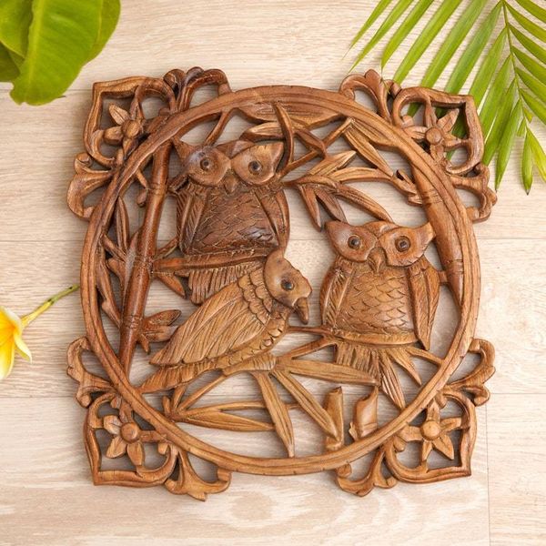 Alternate image for Owl Hand Carved Wood Wall Panel from Indonesia Owl Family Portrait