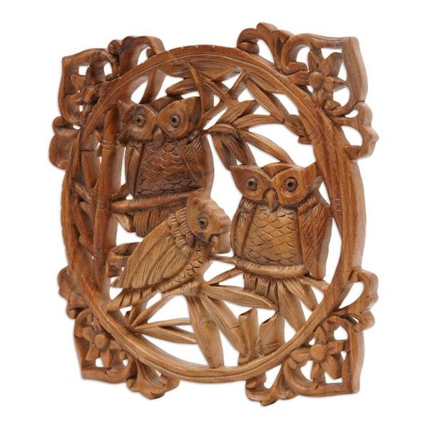 Alternate image for Owl Hand Carved Wood Wall Panel from Indonesia Owl Family Portrait