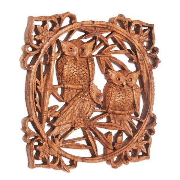 Alternate image for Owl Hand Carved Wood Wall Panel from Indonesia Owl Family Portrait
