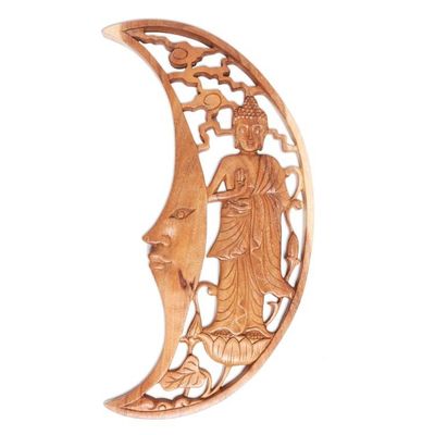 Alternate image for Buddha in Crescent Moon Hand Carved Wood Relief Panel Buddha Moon
