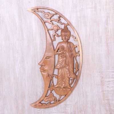 Alternate image for Buddha in Crescent Moon Hand Carved Wood Relief Panel Buddha Moon