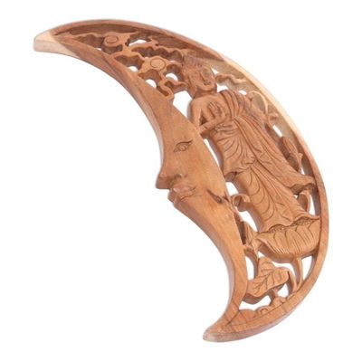 Alternate image for Buddha in Crescent Moon Hand Carved Wood Relief Panel Buddha Moon
