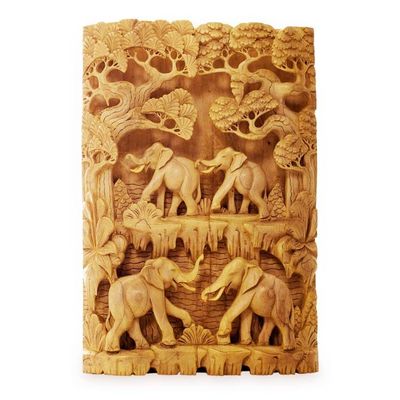 Alternate image for Hand Carved Wood Relief Panel with Elephant Theme Jungle Romance