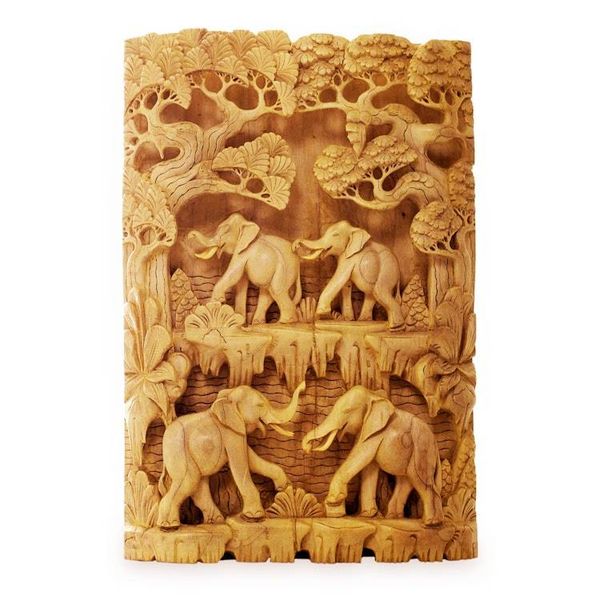 Alternate image for Hand Carved Wood Relief Panel with Elephant Theme Jungle Romance