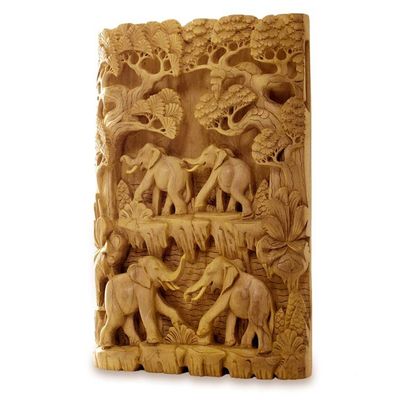 Alternate image for Hand Carved Wood Relief Panel with Elephant Theme Jungle Romance