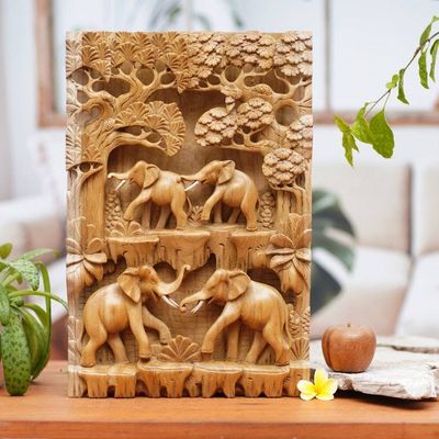 Alternate image for Hand Carved Wood Relief Panel with Elephant Theme Jungle Romance