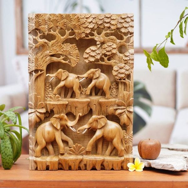 Alternate image for Hand Carved Wood Relief Panel with Elephant Theme Jungle Romance