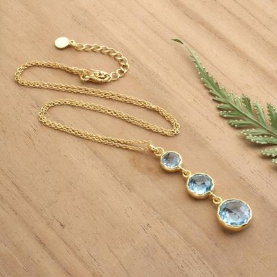 Primary image for Gold-Plated Pendant Necklace with 3 Round Blue Topaz Stones Soothing Glamour