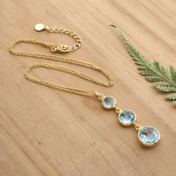 Alternate image for Gold-Plated Pendant Necklace with 3 Round Blue Topaz Stones Soothing Glamour