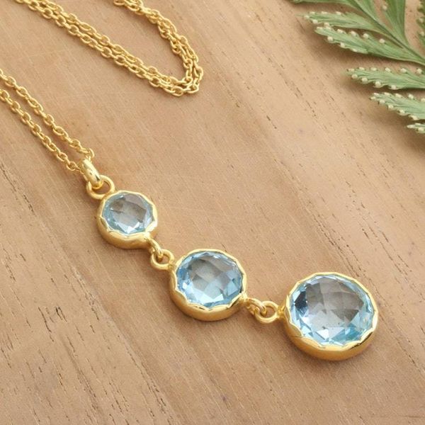 Alternate image for Gold-Plated Pendant Necklace with 3 Round Blue Topaz Stones Soothing Glamour