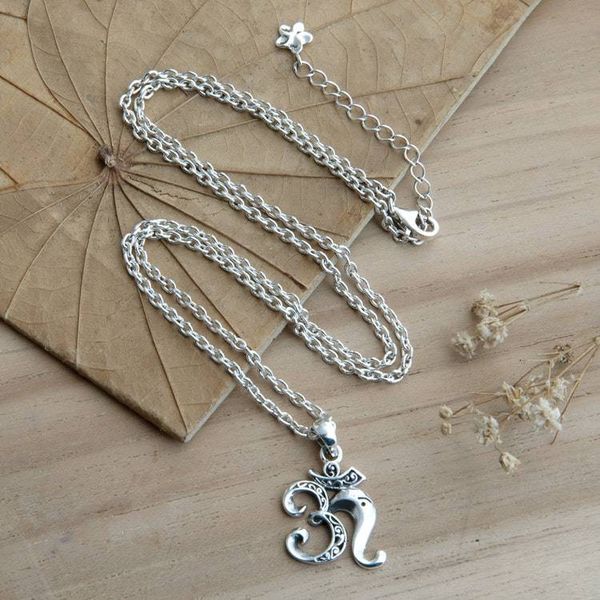 Alternate image for Balinese Sacred Symbol Ongkare-Themed Mens Silver Necklace Balinese Ongkare