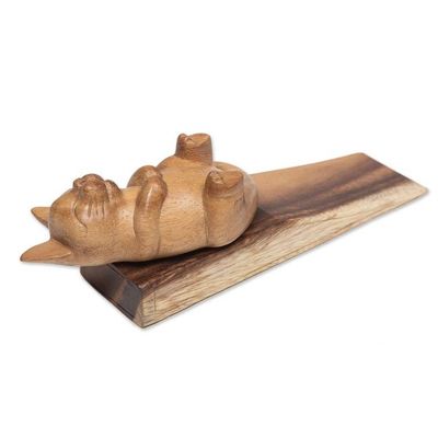 Alternate image for Handcrafted Sleeping Cat Wood Door Stop from Bali Lazy Day