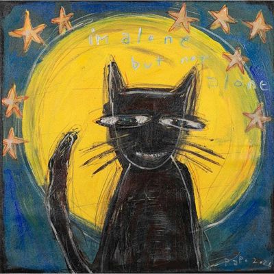 Primary image for Naif Acrylic Ink Pencil Painting of Black Cat Moon and Stars Alone but Not Alone