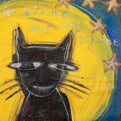 Alternate image for Naif Acrylic Ink Pencil Painting of Black Cat Moon and Stars Alone but Not Alone