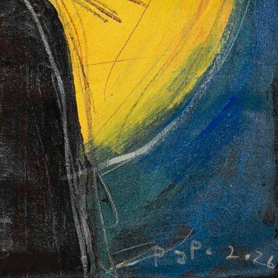 Alternate image for Naif Acrylic Ink Pencil Painting of Black Cat Moon and Stars Alone but Not Alone