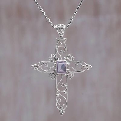 Primary image for Sterling Silver and Amethyst Christian Cross Necklace Cross in Bloom