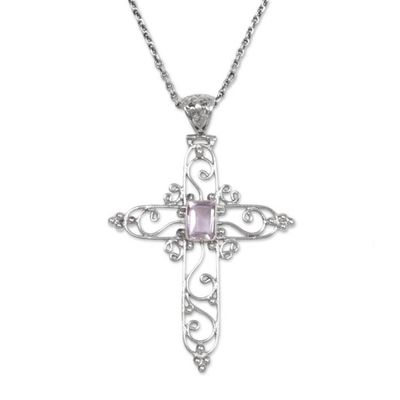 Alternate image for Sterling Silver and Amethyst Christian Cross Necklace Cross in Bloom