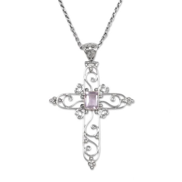 Alternate image for Sterling Silver and Amethyst Christian Cross Necklace Cross in Bloom