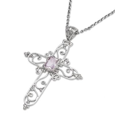 Alternate image for Sterling Silver and Amethyst Christian Cross Necklace Cross in Bloom