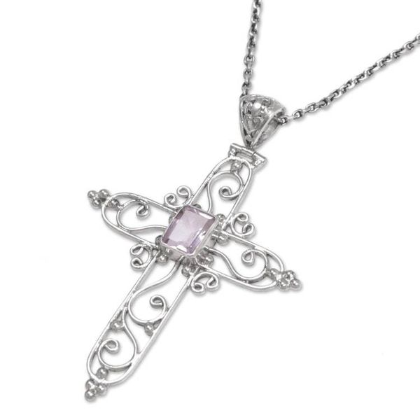 Alternate image for Sterling Silver and Amethyst Christian Cross Necklace Cross in Bloom