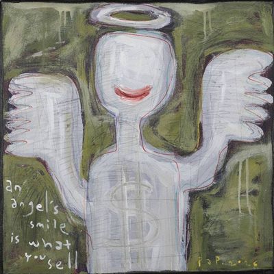 Alternate image for Abstract Naif Acrylic Ink Pencil Painting of a Smiling Angel An Angel Smile