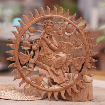 Primary image for Hand Carved Round Krishna Wood Relief Wall Panel from Bali Relaxing Krishna