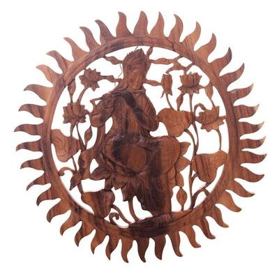 Alternate image for Hand Carved Round Krishna Wood Relief Wall Panel from Bali Relaxing Krishna