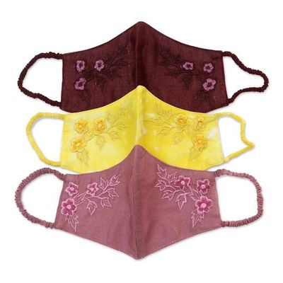 Alternate image for 3 Colorful Floral Embroidery Cotton Contoured Face Masks Cheerful Floral Trio
