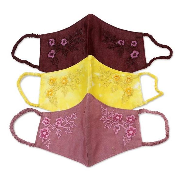 Alternate image for 3 Colorful Floral Embroidery Cotton Contoured Face Masks Cheerful Floral Trio