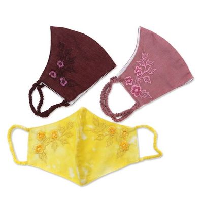 Alternate image for 3 Colorful Floral Embroidery Cotton Contoured Face Masks Cheerful Floral Trio