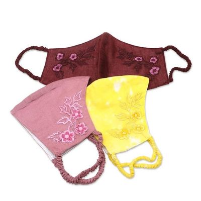 Alternate image for 3 Colorful Floral Embroidery Cotton Contoured Face Masks Cheerful Floral Trio