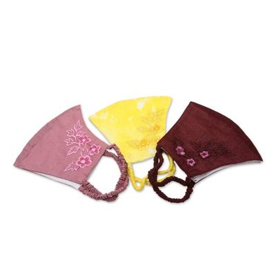 Alternate image for 3 Colorful Floral Embroidery Cotton Contoured Face Masks Cheerful Floral Trio