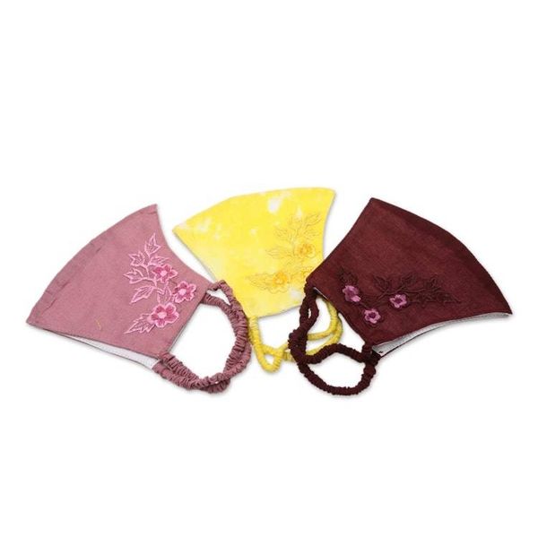 Alternate image for 3 Colorful Floral Embroidery Cotton Contoured Face Masks Cheerful Floral Trio